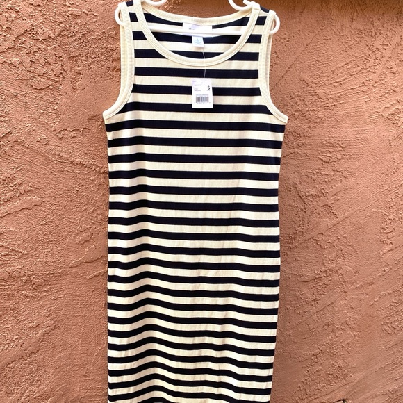 MOTHERHOOD MATERNITY TANK RIB KNIT DRESS FITTED BODYCON BLACK WHITE STRIPE - Picture 7 of 11